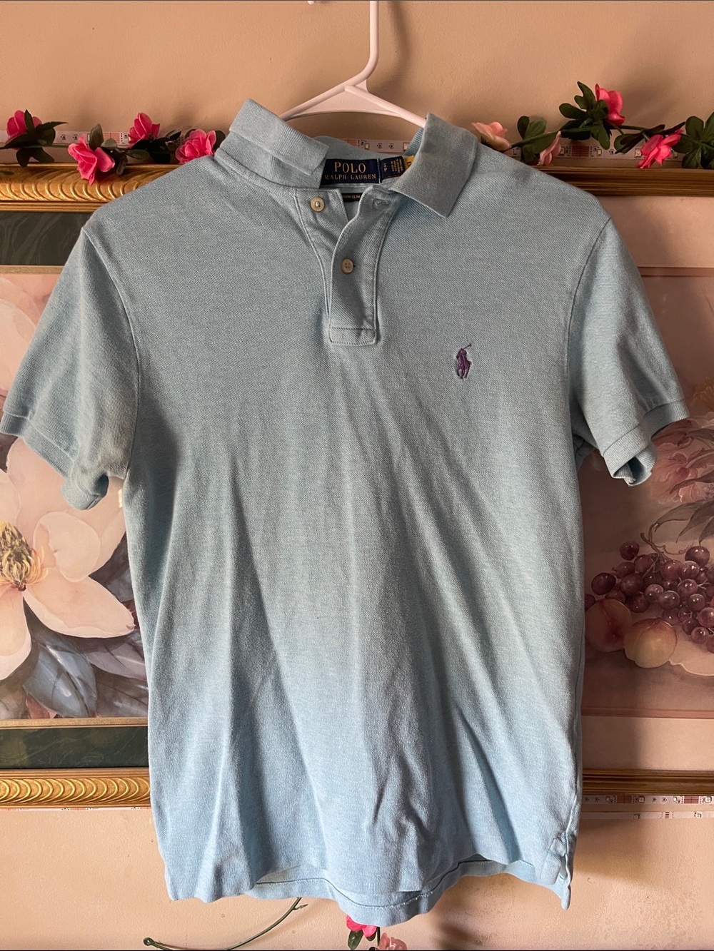 Polo by Ralph Lauren Men's Pale Blue Short Sleeve Polo with Purple Pony